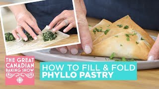 How to Fill and Fold Phyllo Pastry  The Great Canadian Baking Show [upl. by Nolie189]