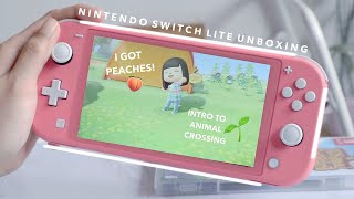 coral nintendo switch lite unboxing 🍑  intro to animal crossing 🌱 [upl. by Og]