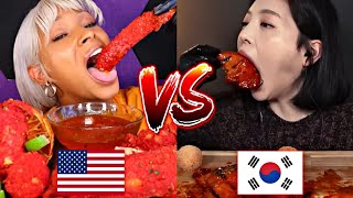 AMERICAN VS KOREAN SPICY MUKBANG🌶️🔥😱 [upl. by Leirbma518]