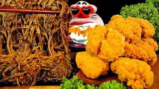 ASMR MUKBANG  Black Enoki Mushroom Noodle amp Crunchy Chicken Eating Show [upl. by Nuhsar]