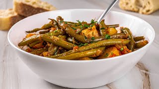 Greek green Beans and Potatoes in Tomato Sauce  Fasolakia Recipe Vegan [upl. by Ahseyk671]