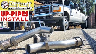 2001 F350 73  RiffRaff UpPipes Install  Stock up pipes leaking and falling apart JUNK SP [upl. by Rexanna197]