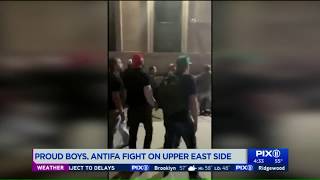 Proud Boys fight with masked antifa demonstrators on UES NYPD [upl. by Nnairol]