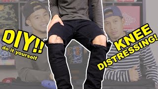 DIY TUTORIAL DISTRESSED DENIM JEANS EASY KNEE DISTRESSING HOW TO [upl. by Barimah459]