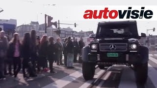 Driving monstrous Mercedes G63 AMG 6x6 through Amsterdam English subtitled  Autovisie [upl. by Quillon]