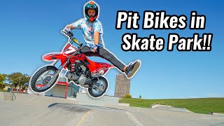 Riding Pit Bikes in Skate Park [upl. by Dnaletak]